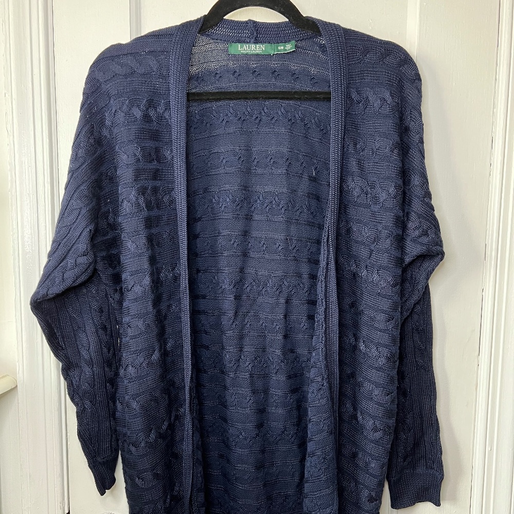 Ralph Lauren Mid Length Cable-Knit Cashmere Open-Front Long Sleeve Cardigan